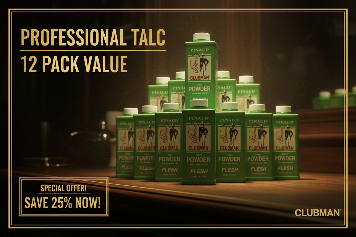 Clubman Talc Powder 12 Pack Promotional Ad
